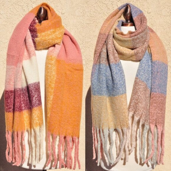 LF Accessories - NEW Giant Checker Plaid Winter Boucle Oblong Fringe Cozy SOFT Oversize Scarf